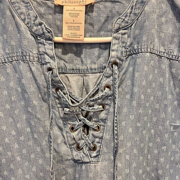 Philosophy Chambray Tencel Blue Raindrop Print Tunic Dress Size Large Boho - Picture 2 of 6